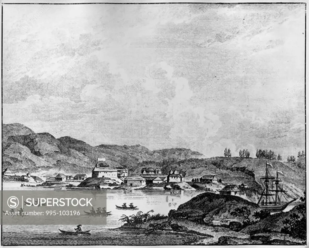 Headquarters of the Newly Founded Russian American Company at Kodiak, Alaska - 1799 Artist Unknown Engraving