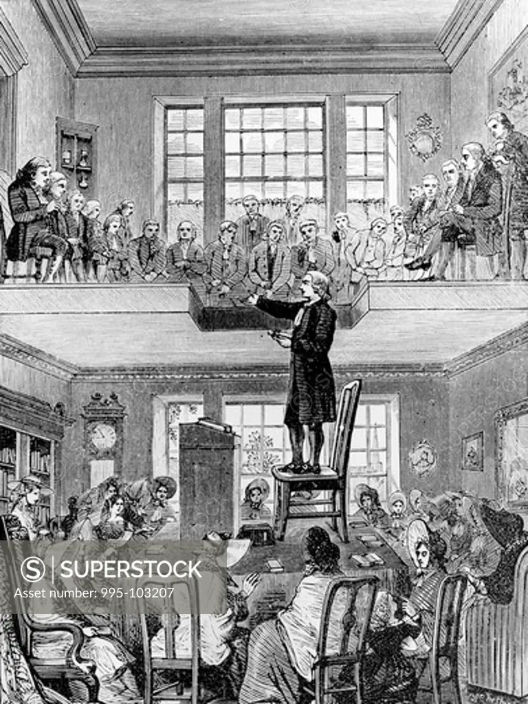 Two-storied Bible Lecture, John Wesley preaching at Matthew Bagshaw house, engraving, 1747, artist unknown