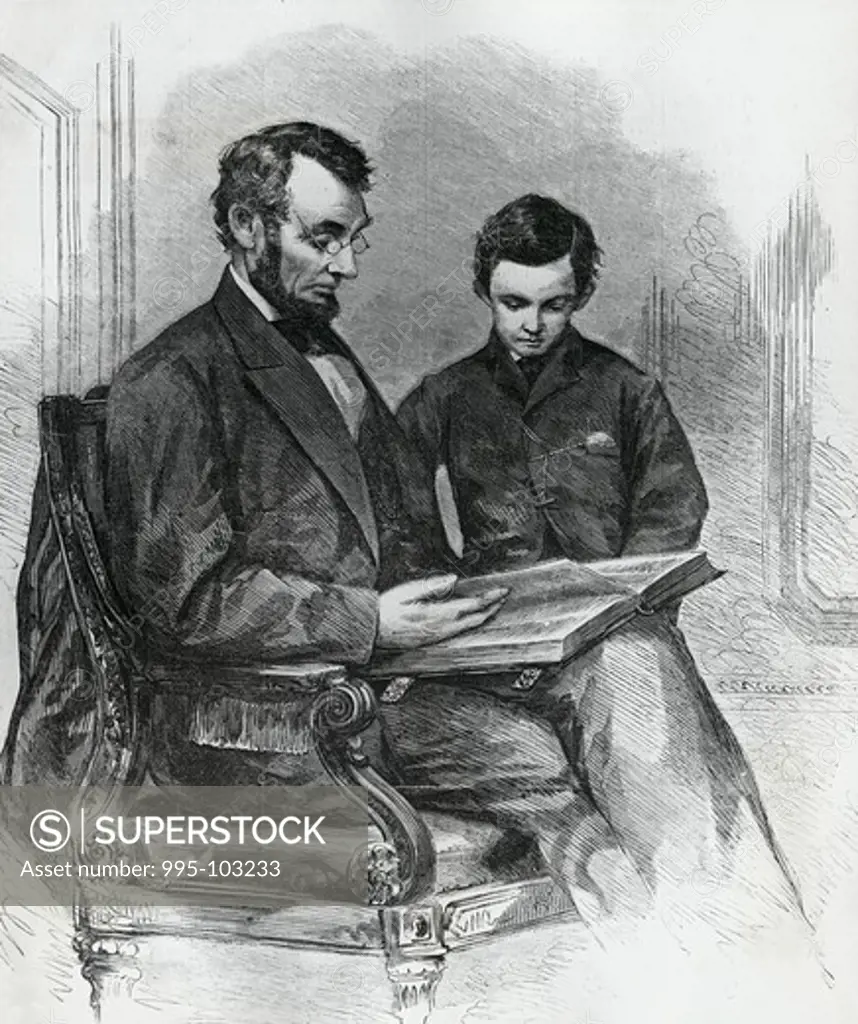 Lincoln Reading the Bible to His Son, Tad, in His Studio at the White House, after a photo by Brady taken in 1865