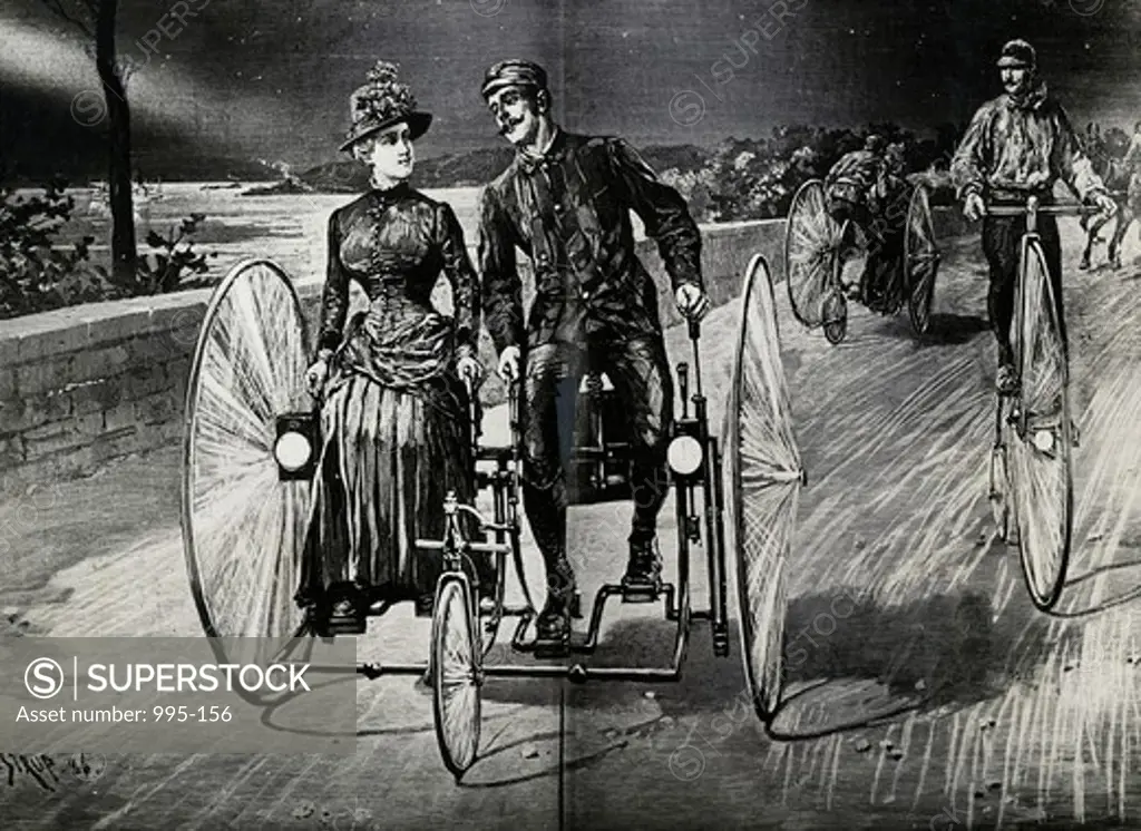 On A Tricycle Built For Two, Riverside Drive, Ny 1886, 1886, Artist Unknown,