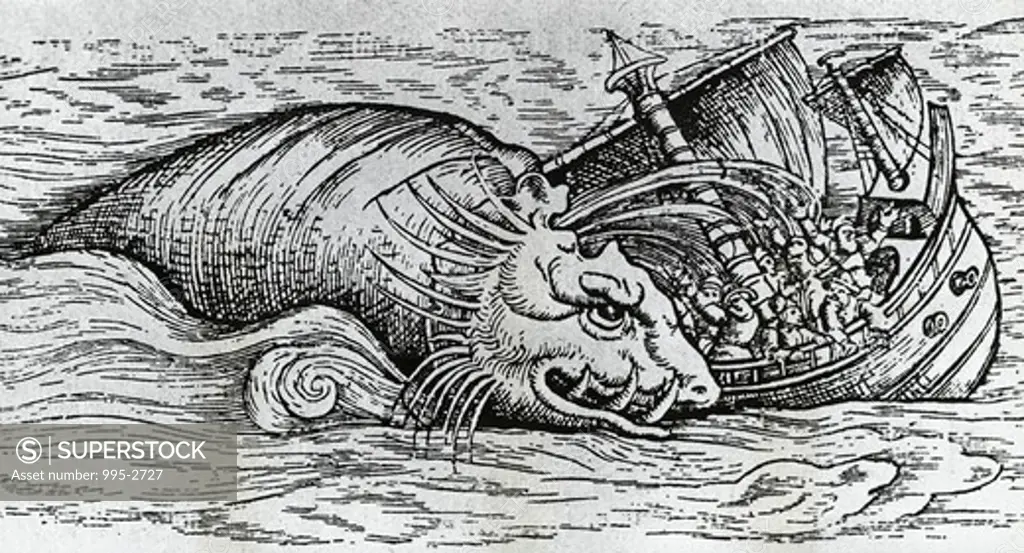 Sea Serpent Attacking Medieval Ship by unknown artist, print