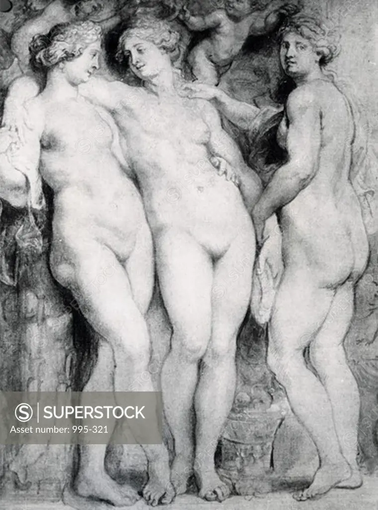 The Three Graces, sketch by Peter Paul Rubens, grisaille, 1577-1640, Italy, Florence, Palzzo Pitti