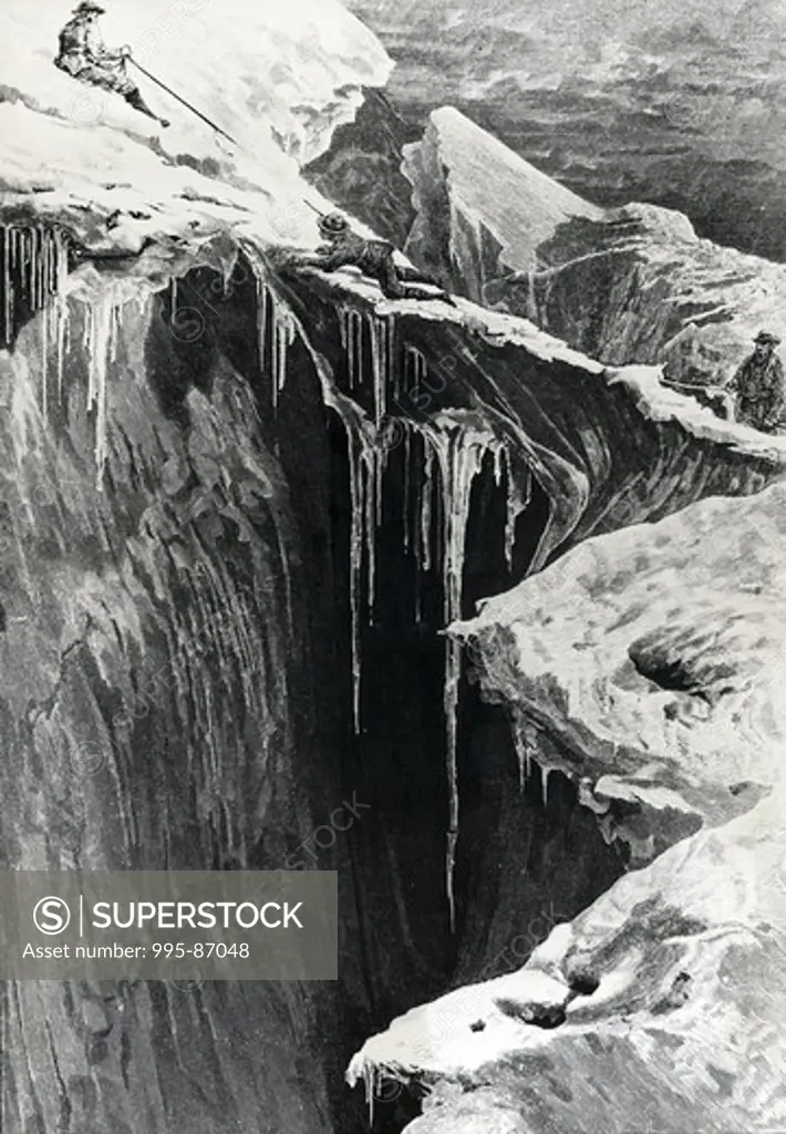 Dangerous Enterprise, Climbing Over a Crevasse by unknown artist, 1856