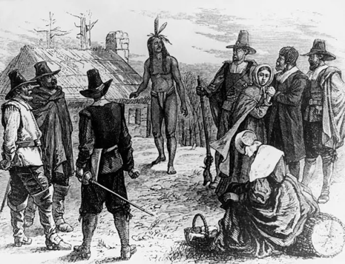 Pilgrims at Plymouth-Visit of Samoset to The Colony, March 1621 Artist Unknown